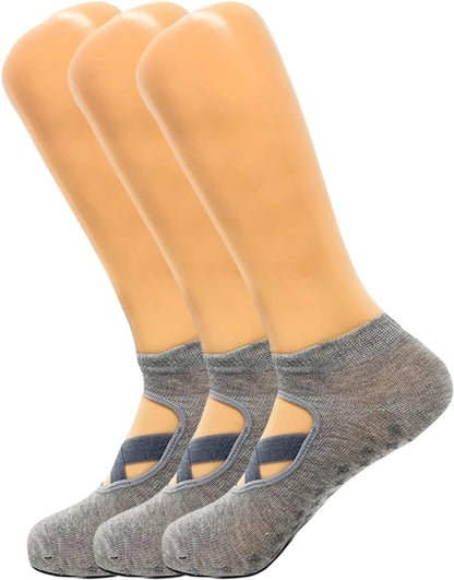 Women's Non-Slip Grip Yoga Socks with Straps 3 Pairs for Pilates